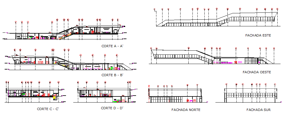 Administrative building elevation and sectional details dwg file