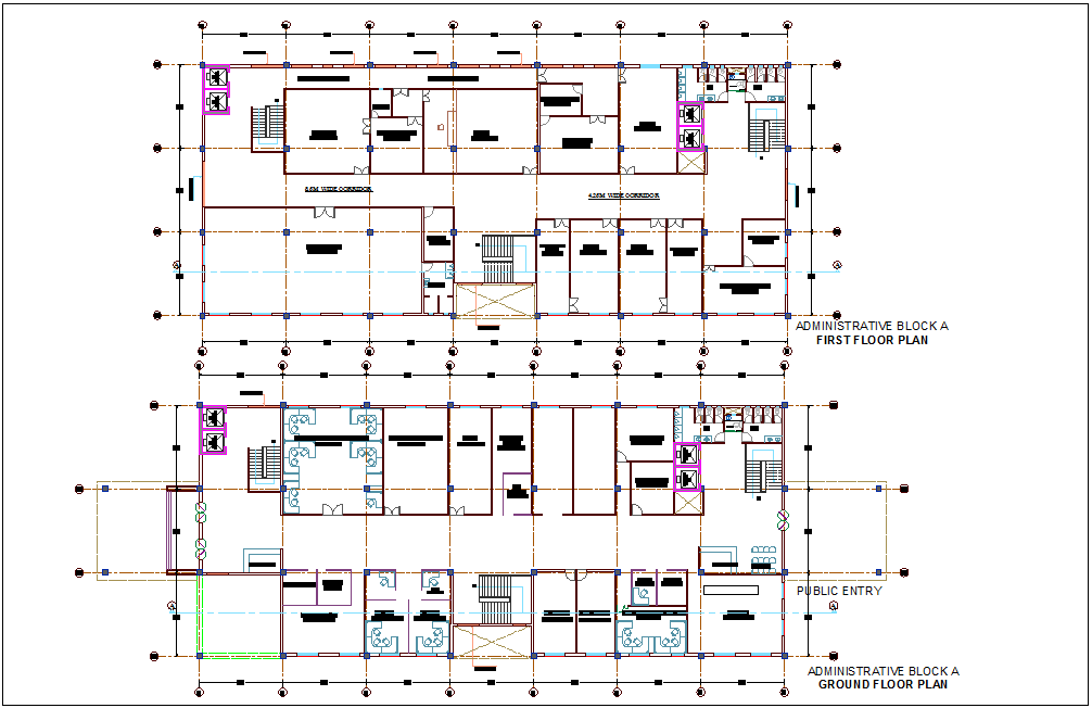 Administrative building of block A ground and first floor plan dwg file