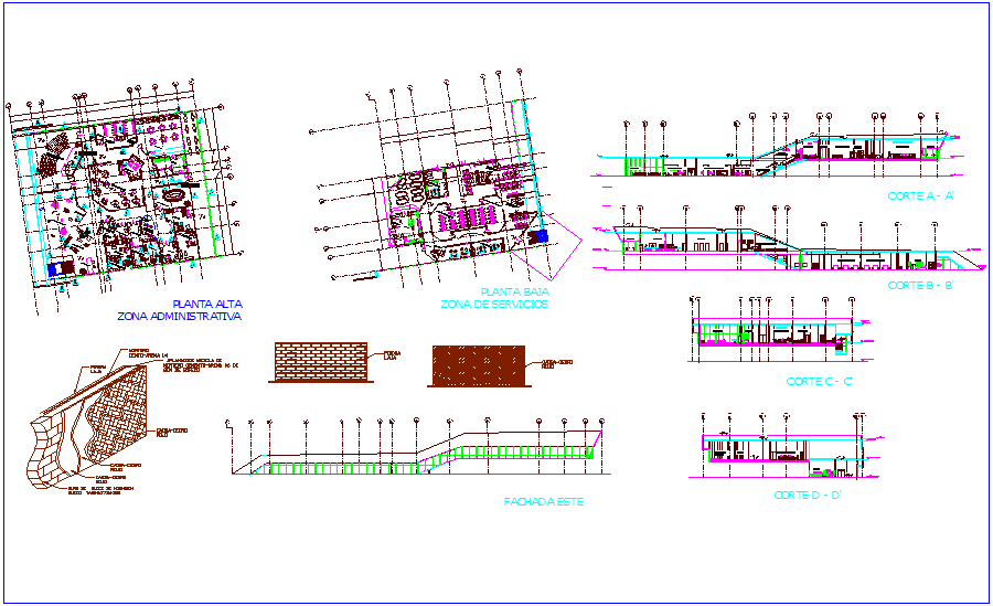 Administrative building plan,elevation & section view wall detail dwg file