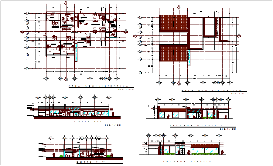 Administrative office plan and section view with roof plan dwg file