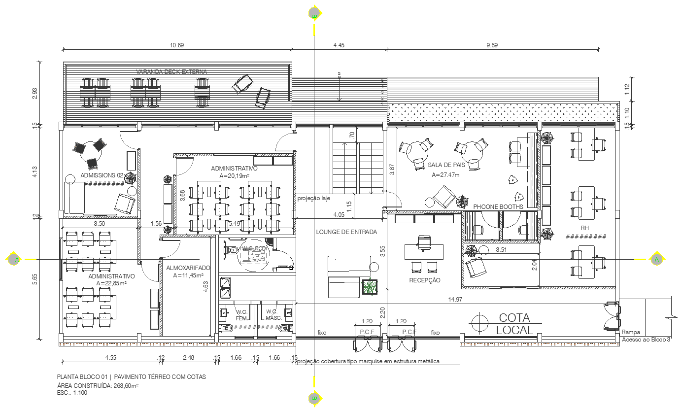 Administrative block design in L shaped school detailed plan DWG autoCAD drawing