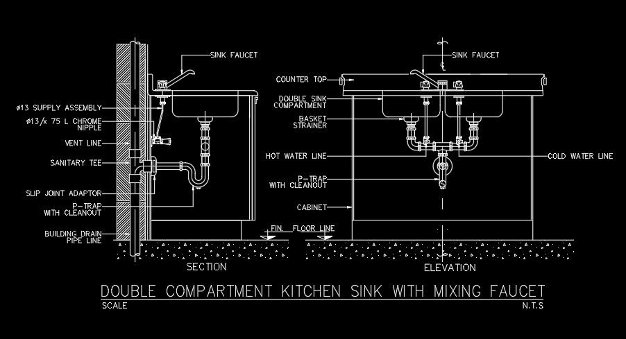 A double compartment kitchen sink with mixing faucet AutoCAD drawing model 