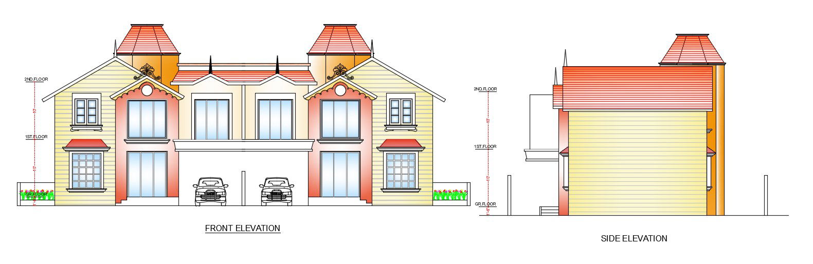 Aesthetic twin house cad drawing is given in this cad file. Download this 2d cad file now.