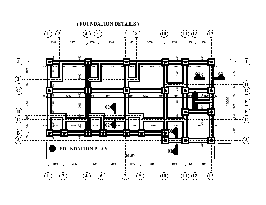 A foundation layout of 19x10m house plan is given in this Autocad drawing file. Download now.