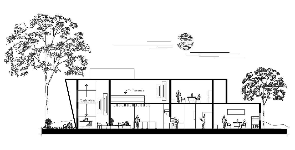 A front elevation view of 43x27m office building is given in this Autocad drawing file. Download now.