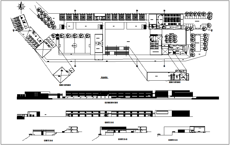 Agricultural school plan,elevation and section view dwg file