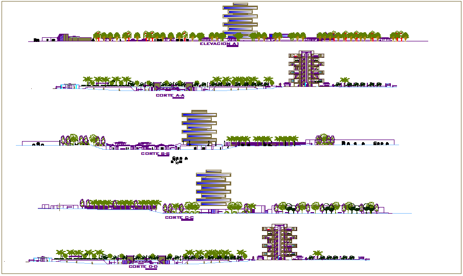 Agricultural university building elevation and different axis section view dwg file