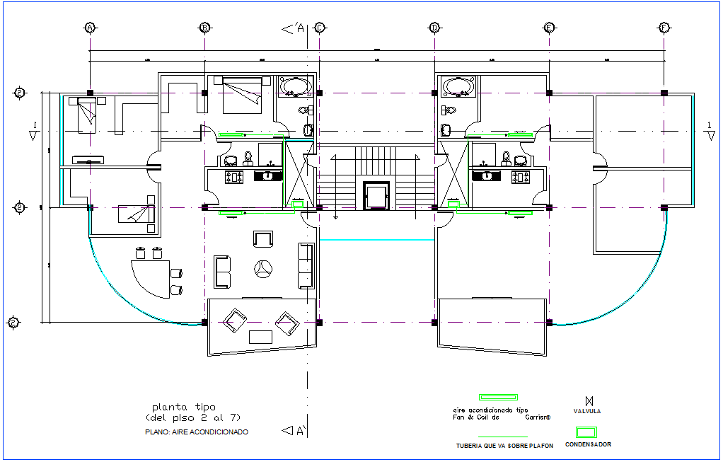 Air Conditioning system of office with pipe line view for floor 2 to 7 dwg file