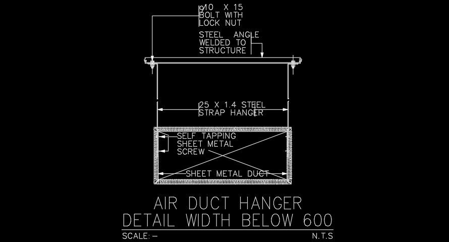 Air duct hanger detail width below 600mm 2D AutoCAD drawing