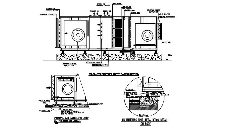 Air handling installation detail of roof has given in the Autocad drawing file. Download the 2D Autocad drawing file.