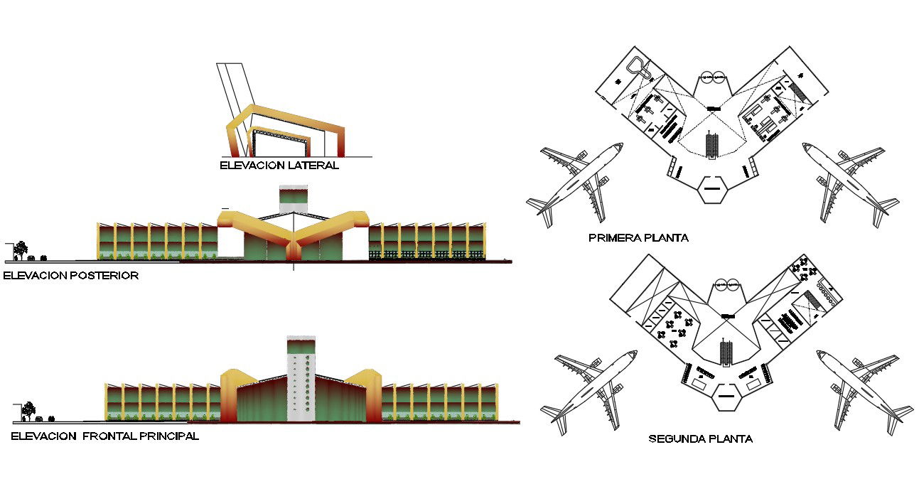 Airport Terminal Elevation and Plan With DWG File