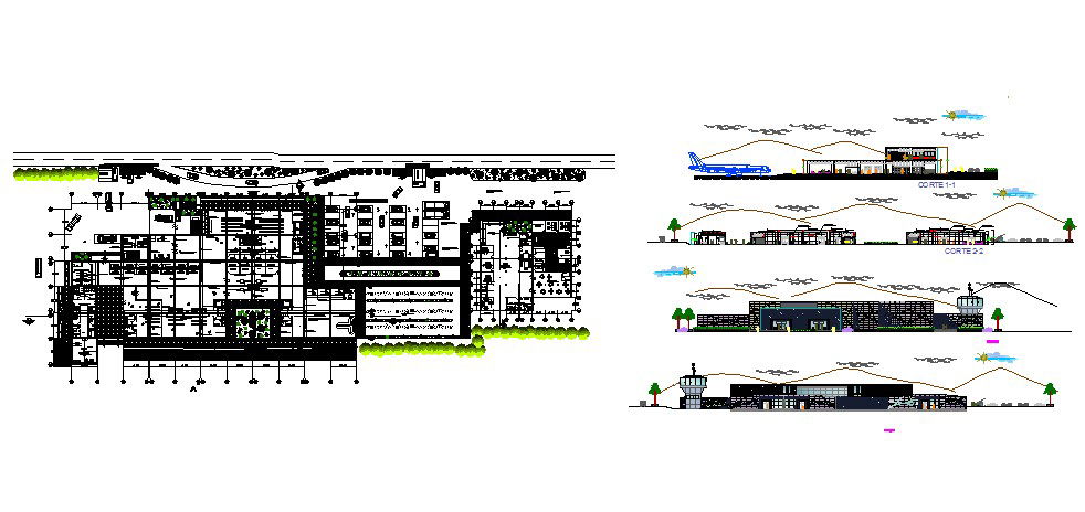 Airport building elevation, section and floor plan cad drawing details dwg file