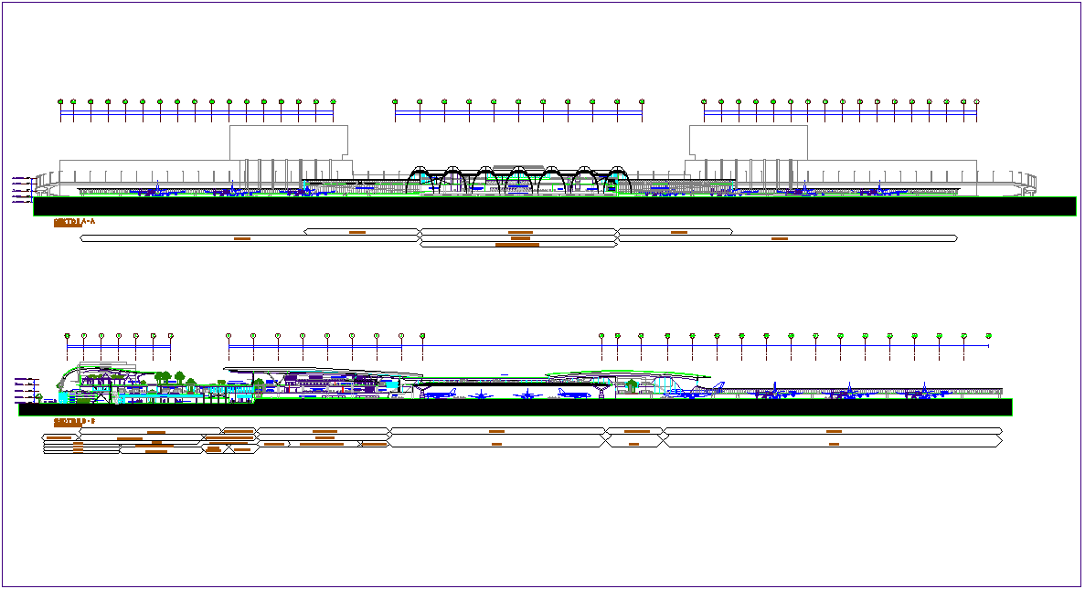 Airport design view with its section architectural view dwg file