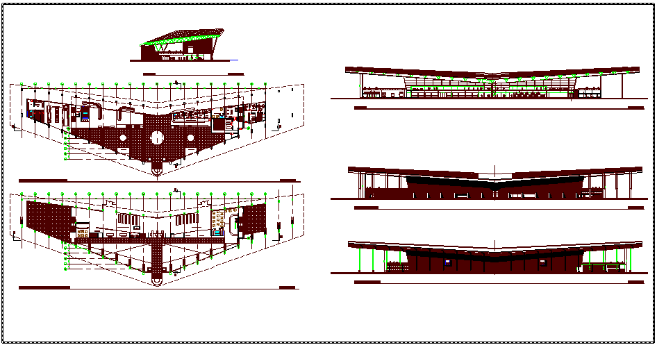 Airport design view with plan,elevation and sectional view dwg file