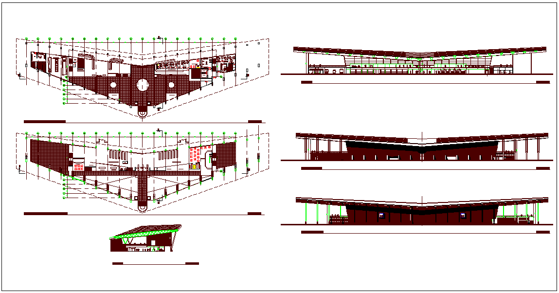 Airport design view with plan,elevation and sectional view dwg file