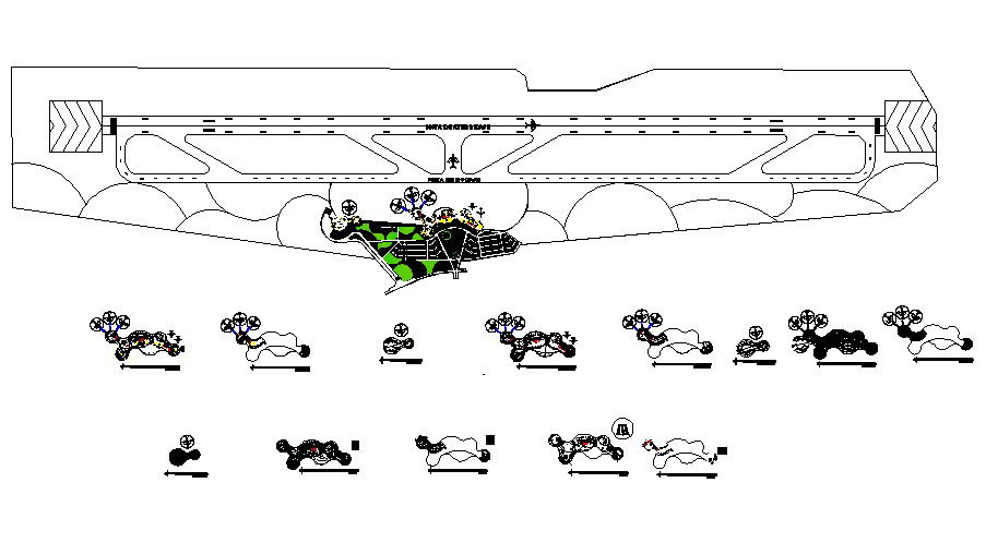 Airport distribution plan, run way and landscaping structure details dwg file