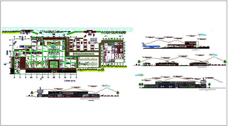 Airport plan,elevation and sectional view with airplane view dwg file