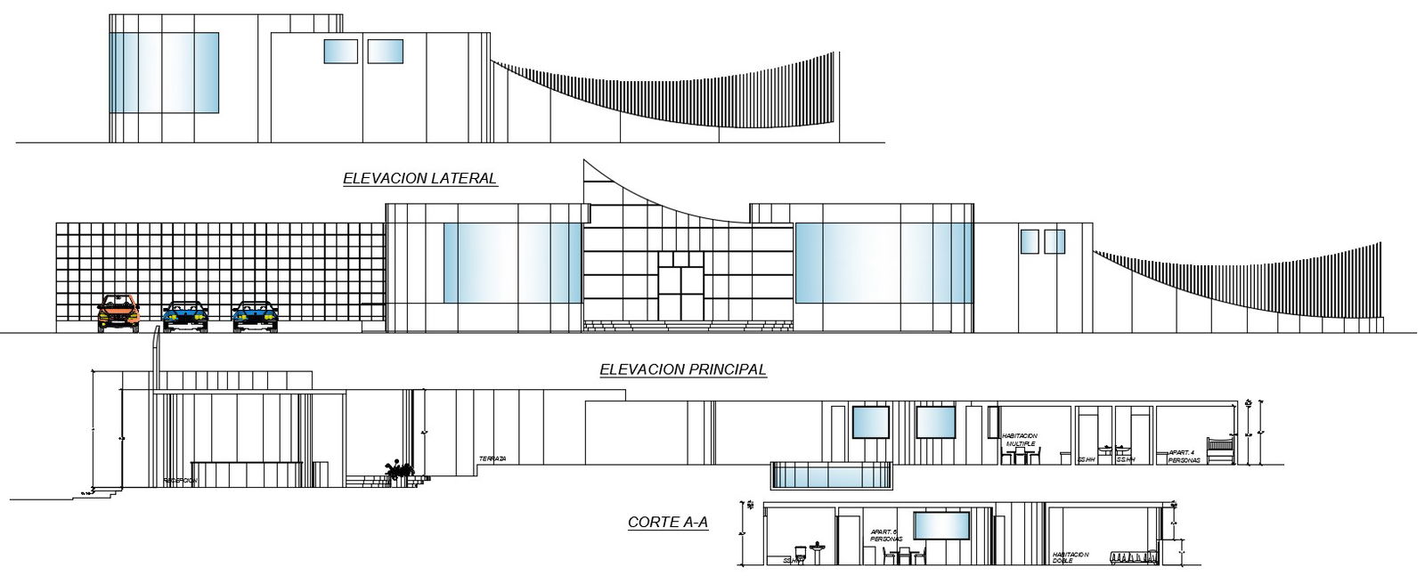 A lateral elevation view of the house buildings were given in this Autocad drawing file. Download now.