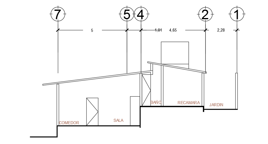 A lateral section view of the 6x15m one story house building with 2bhk cad drawing