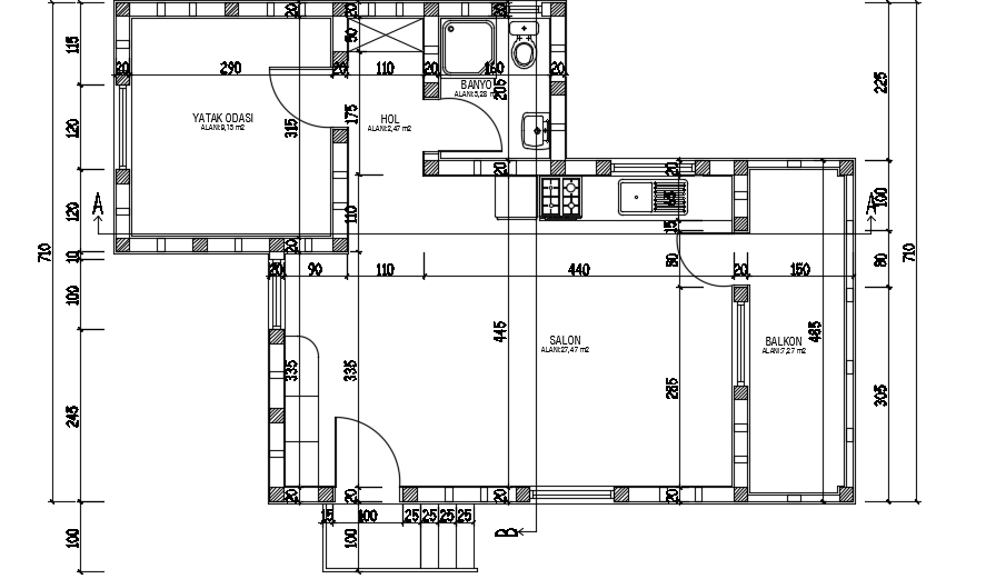 A layout of the 10x8m architecture 1bhk house plan cad 2d drawing