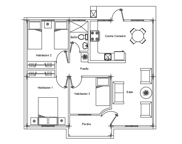 A layout of the 10x8m single story residential house plan 2d drawing
