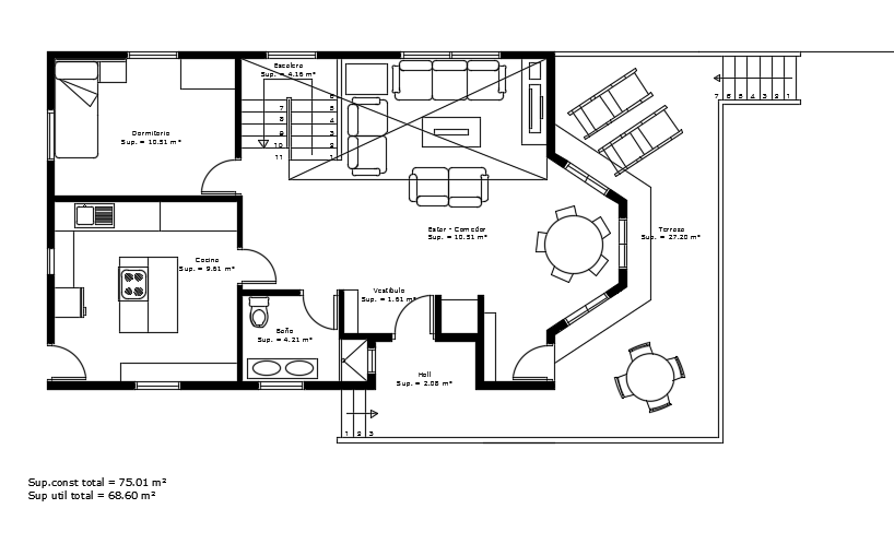 A layout of the 14x8m ground floor house plan with 3bhk cad drawing is given
