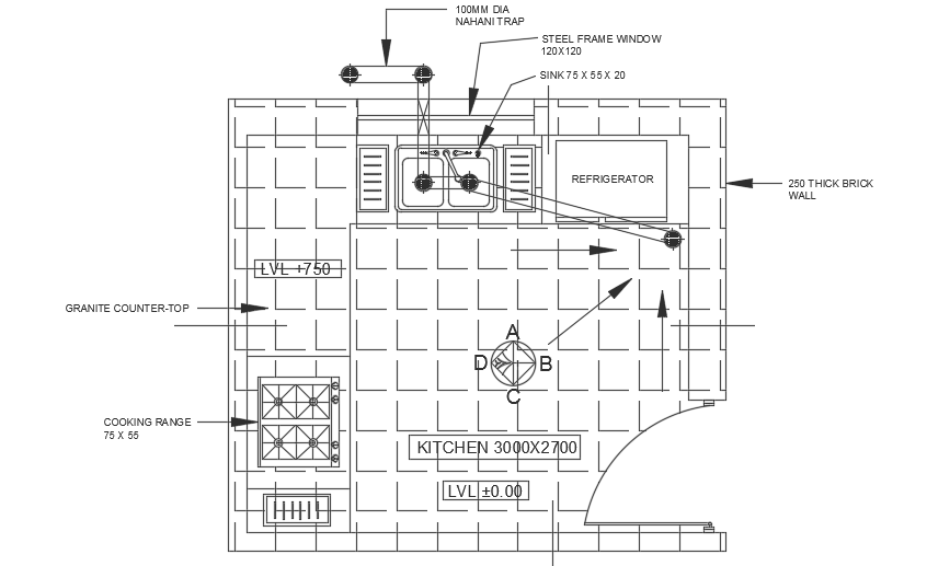A layout of the 3380x3080mm kitchen plan AutoCAD 2d drawing is given
