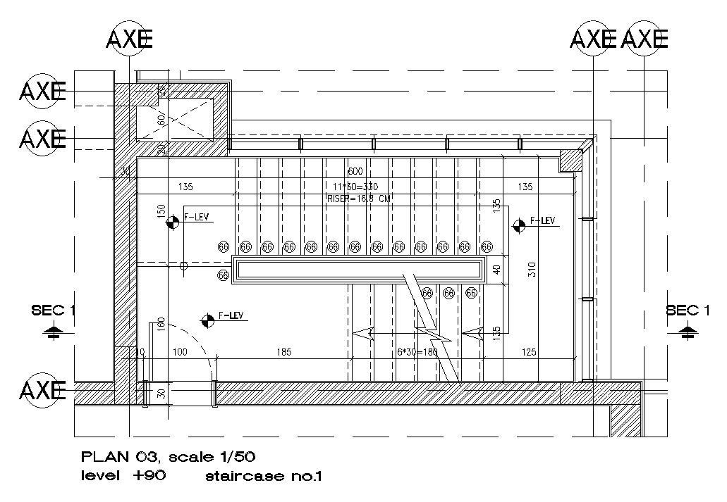 A level 90 staircase plan is given in this AutoCAD drawing model. Download now.
