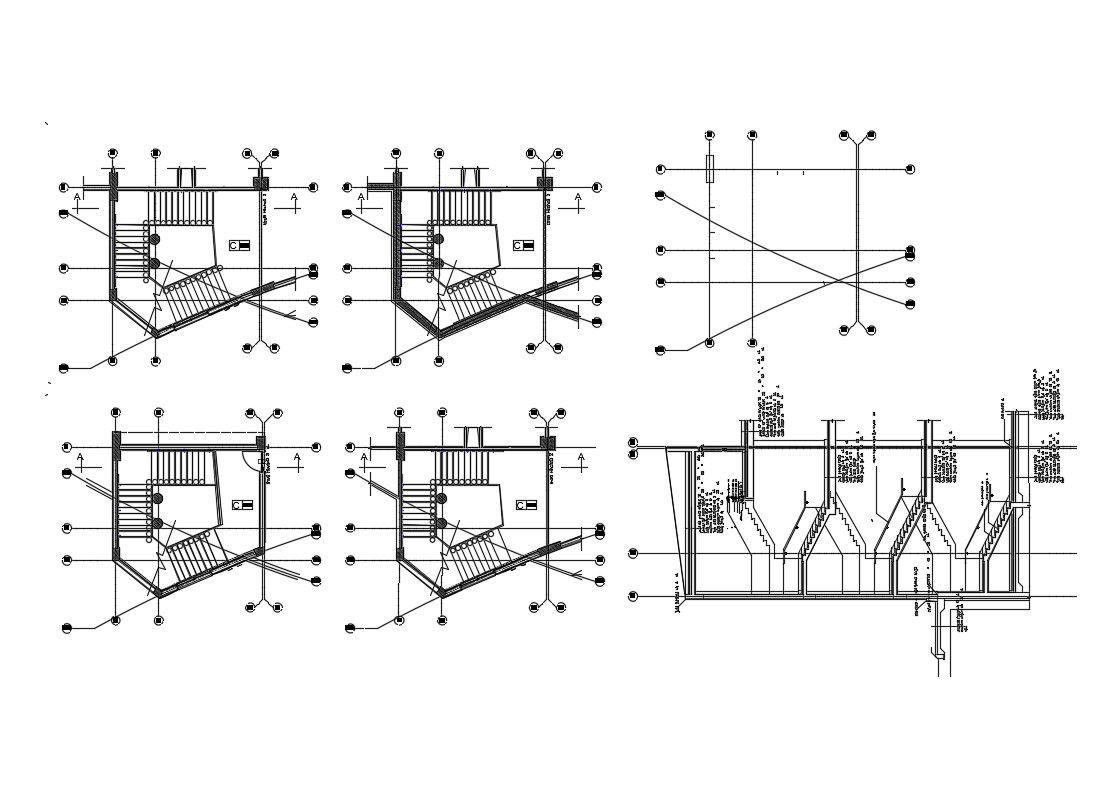 All floors constructive sectional details of staircases of club house dwg file