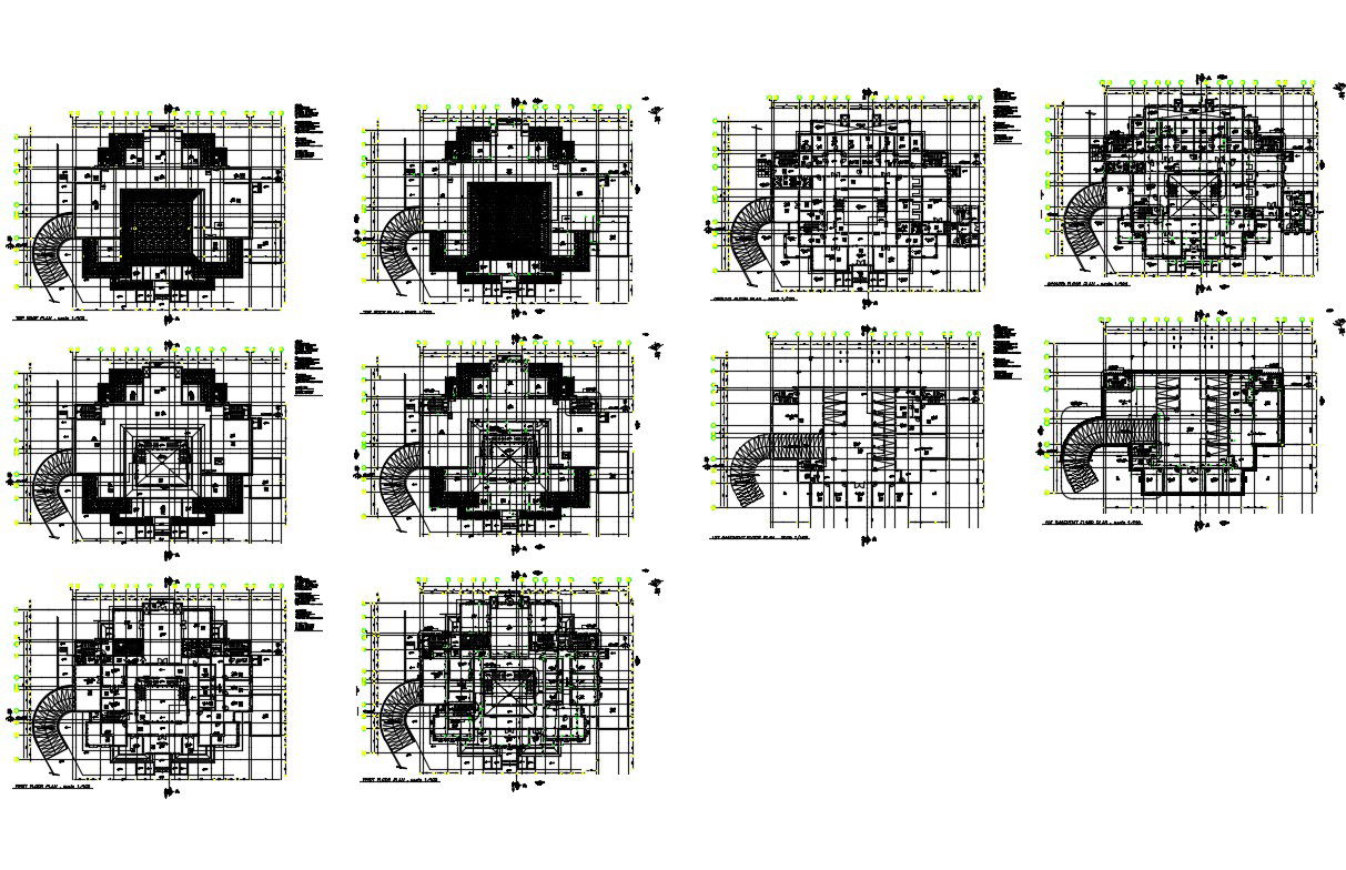 All floors layout plan details of multi-level corporate building dwg file