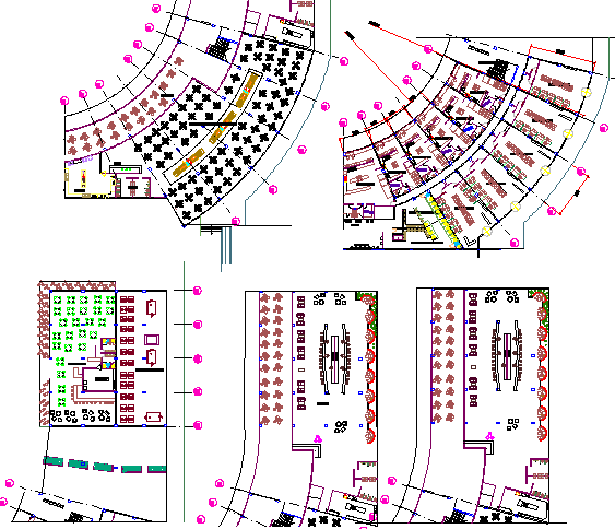 All floors layout plan details of multi-level shopping mall dwg file
