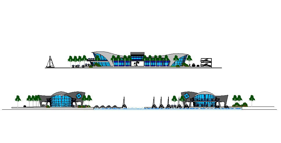 All side elevation details of luxuries beach side marina hotel dwg file