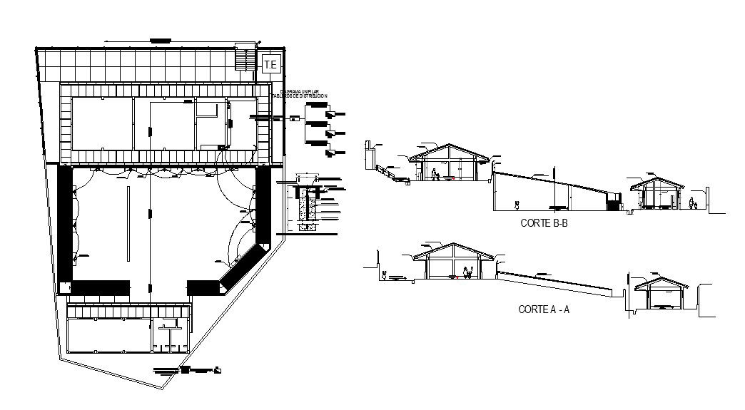 All sided constructive section and plan details of warehouse dwg file