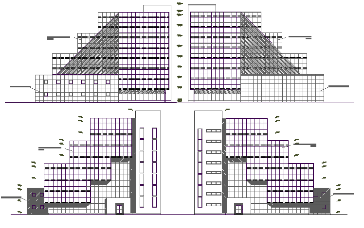 All sided detailed elevation view of exhibition business center dwg file