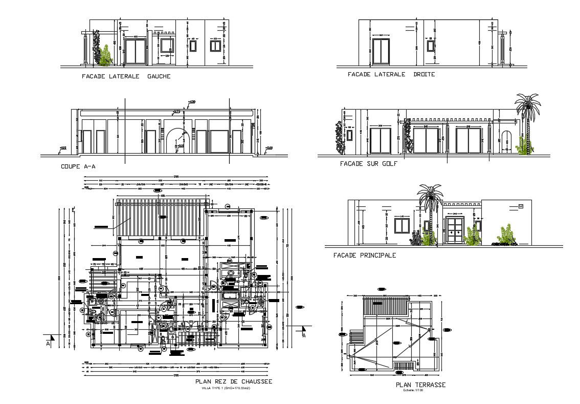 All sided elevation, section and plan details of villa type house dwg file