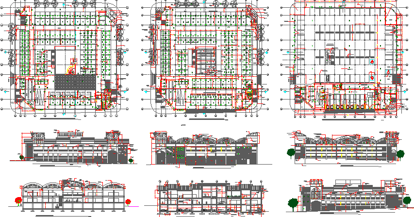 All sided elevation, section and floor plan details of shopping center ...