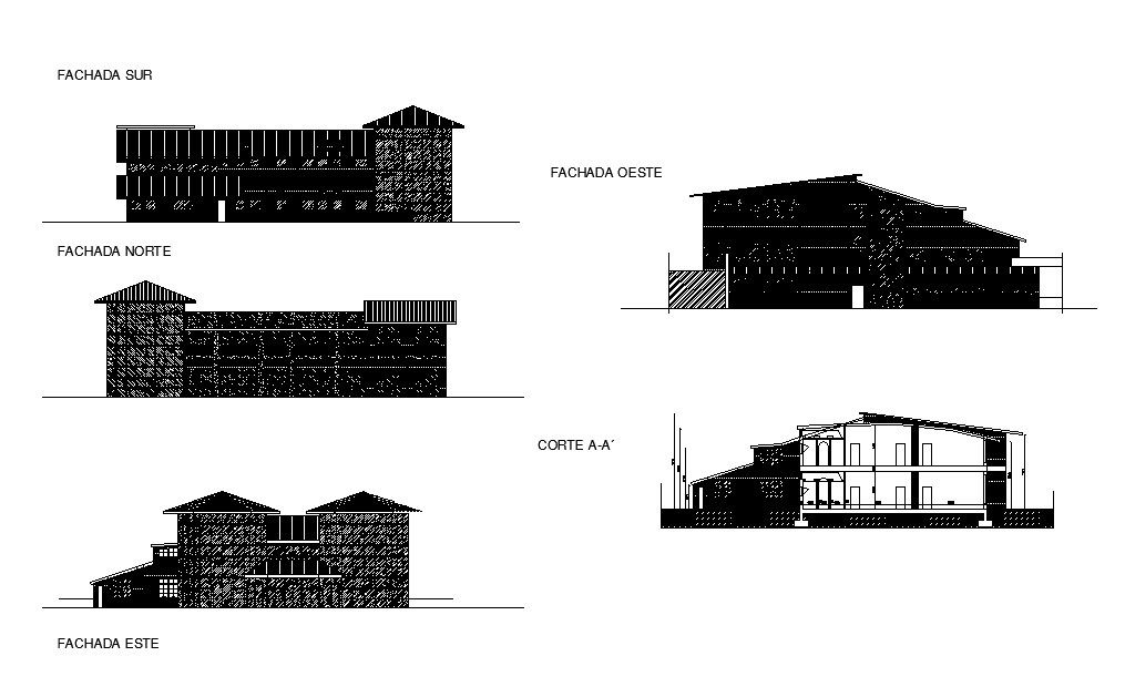 All sided elevation and back sectional details of one family house dwg file