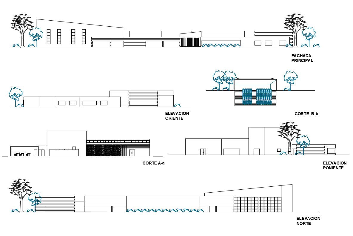 All sided elevation and cut section details of administration building dwg file
