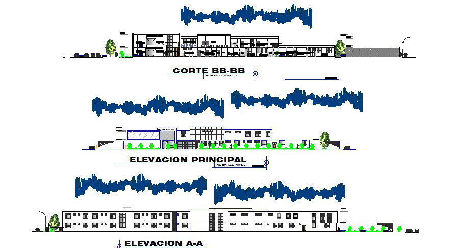 All sided elevation and section details of multi-flooring hospital dwg file