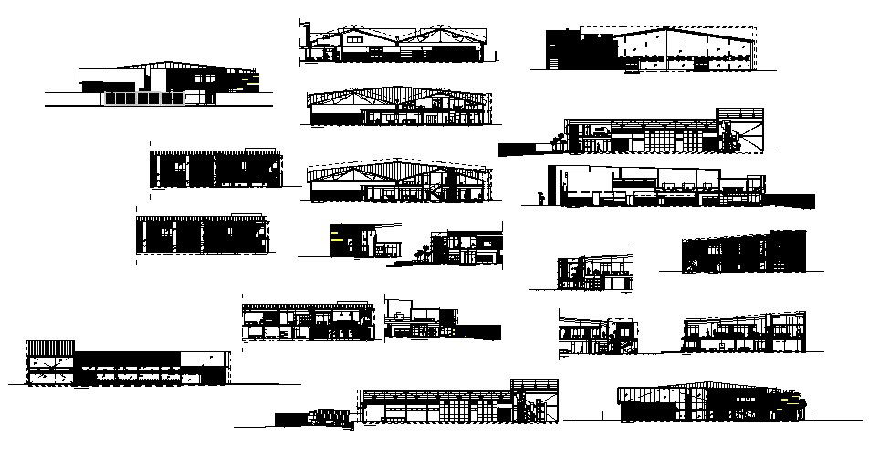 All sided elevation and section details of multi-level office building dwg file