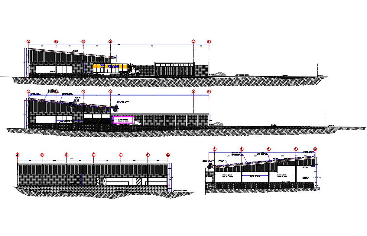 All sided elevation and section details of office building dwg file