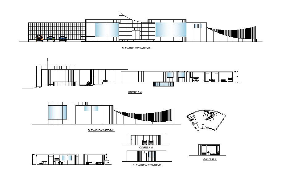 All sided elevation and sectional details of Mary hotel dwg file
