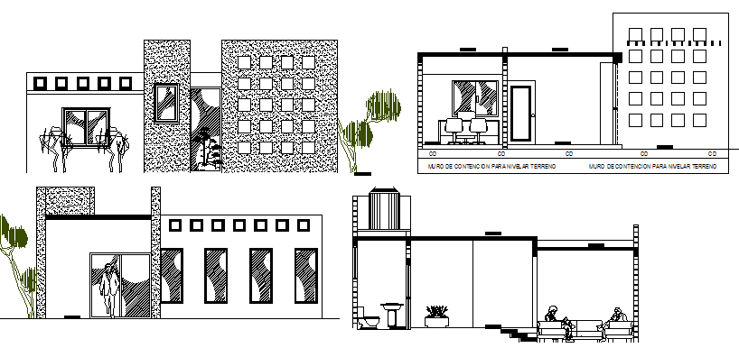 All sided elevation and sectional details of admin office dwg file
