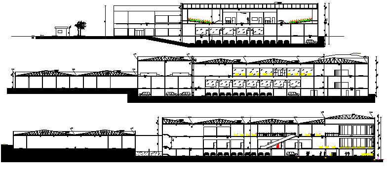 All sided elevation and sectional details of local shopping center dwg file