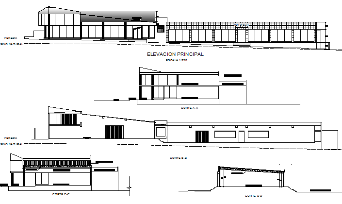 All sided elevation and sectional details of mini shopping center dwg file