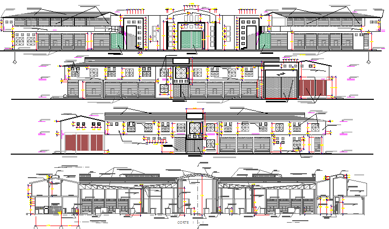 All sided elevation and sectional details of mini shopping mall dwg file