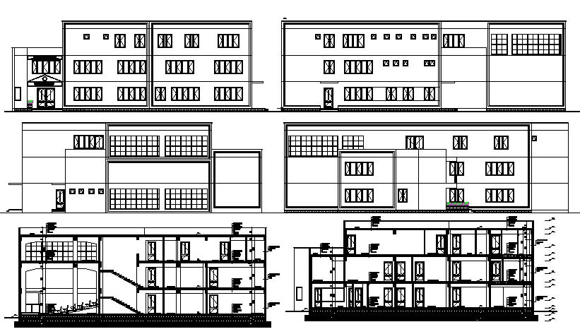 All sided elevation and sectional details of office building dwg file