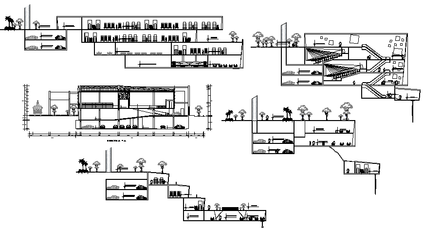 All sided elevation and sectional details of recreational center dwg file