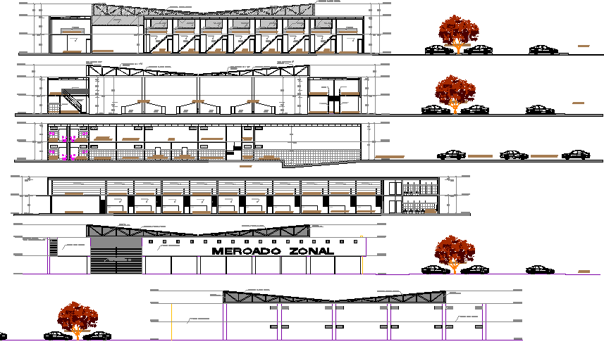 All sided elevation and sectional details of retail market dwg file