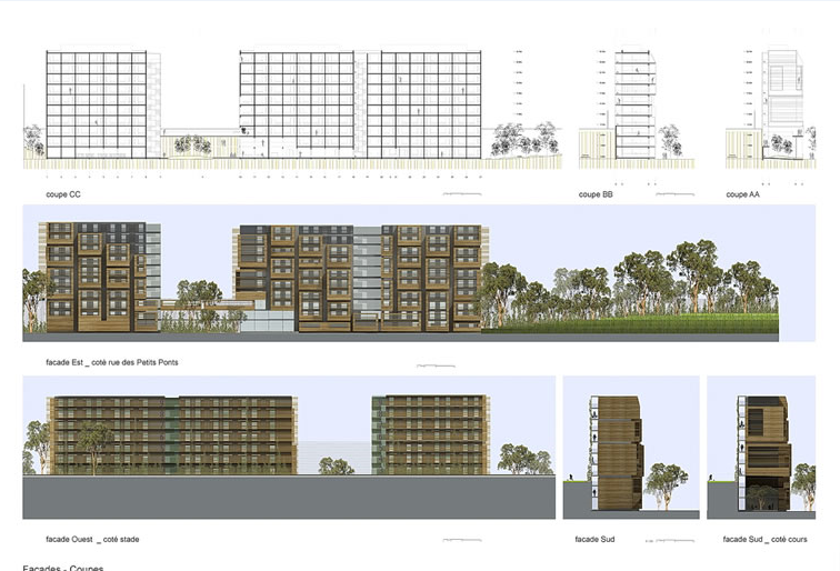 All sided elevation and sectional details of shopping mall dwg file